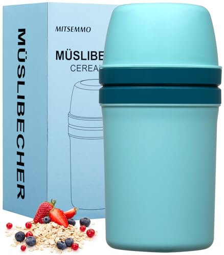 Bicchiere per cereali to Go da 600 ml + 270 ml, per yogurt, per bambini, con cucchiaio, per cereali, per la colazione, per yogurt
