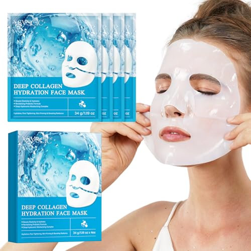 Collagen Face Mask for Deep Hydration，Ergänzt verlorenes Kollagen，bringt die Haut wieder zu Festigkeit und Elastizität,verbessert Falten，verbessert Hautton und verblässt Flecken-4 Pack