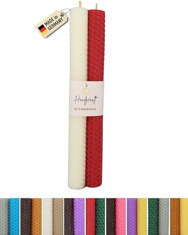 Wachsmann Velas de cera de abejas enrolladas a mano, 100% cera de abejas, juego de 2 unidades en muchos colores, fabricado en Alemania