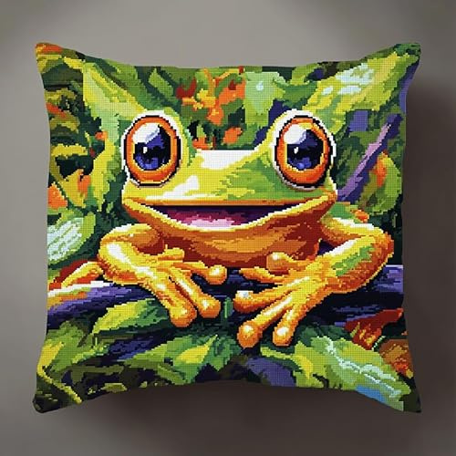 WallustrioaW Tropische Zweige Kreuzstich Kissen,11CT Sticken Set,Frosch mit großen Augen,Sticksets Für Erwachsene,Anfänger,Kreuzstichkissen/Stickkissen-Set,45x45cm