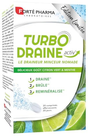 Forté Pharma - TurboDraine Activ' - Complément Alimentaire Minceur - Guarana, Calcium, Magnésium, Queue de cerise - Draineur, Brûleur de calories, Reminéralisant - 20 comprimés effervescents, 1/jour