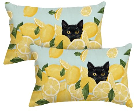 Artoid Mode Schwarze Katze Zitrone Blätter Sommer Kissenbezug 2er Set, 30x50 cm Frühling Saisonnal Zierkissenbezug Cushion Cover Couch Wohnzimmer Deko