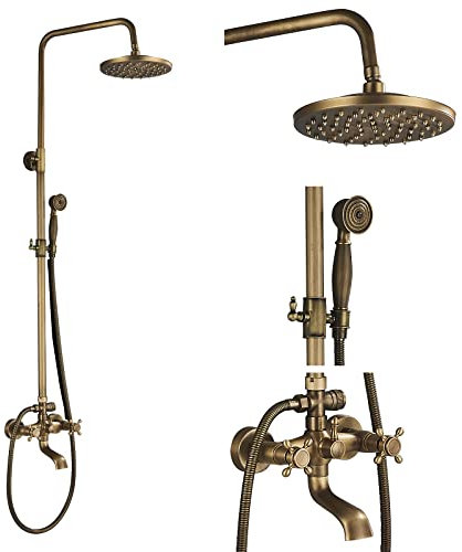 Antique Gold Brass Shower System with Adjustable Height 3 Shower Functions and Shelf