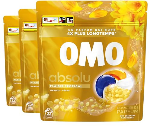 OMO - Lessive Capsules Absolu Plaisir Tropical aux perles booster de parfum - Mangue & Pêche - 66 lavages - Propreté Impeccable pour un Linge Eclatant - 3x22 lavages