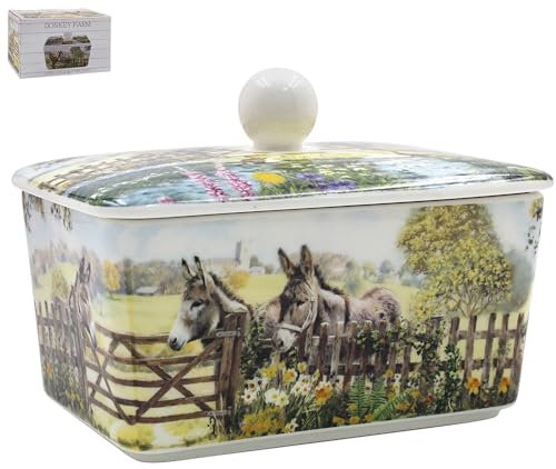 The Leonardo Collection Donkey Butter Dish by Macneil Studios | Decorative Porcelain Butter Keeper with Lid | Donkey Illustration | Rustic Farmhouse Style | Elegant Kitchen Accessory