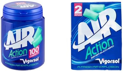 Vigorsol Air Action, Chewing Gum, Gusto Menta, Senza Zucchero, Senza Glutine, Confezione da 1 Barattolo e da 2 Astucci, Ideale per una Freschezza Intensa e come Formato Scorta