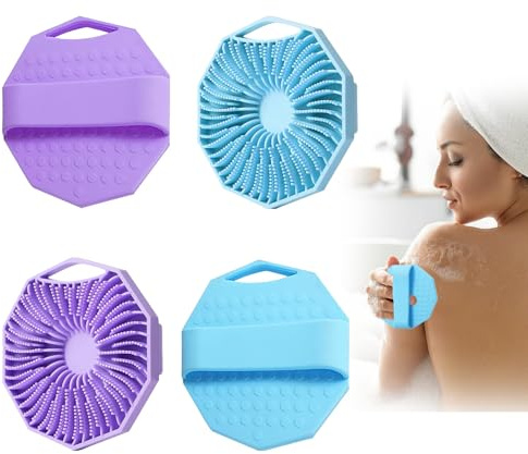 4 PCS Silicone Shower Scrubber,Scrubber for Men Women - Body Back Loofah Set,Antimicrobial Exfoliating Handheld Brushes with Skin Cleansing for All Skin Type (Blue & Purple)
