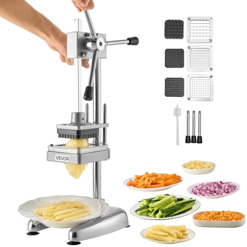 VEVOR Coupe-Frites Pomme de Terre Professionnel Manuel, Coupe-Légumes et Fruits Multifonction, en Acier Inoxydable, avec 3 Lames de Rechange 12,7 mm, 9,5 mm, 6,4 mm, pour Cuisine Restaurant Maison
