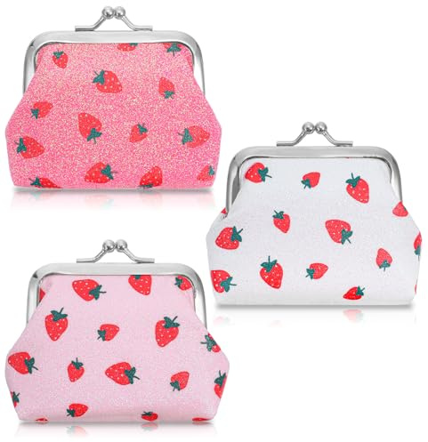 Shimmeroo 3Pcs Cute Coin Purse Women - Strawberry Pink Double Clasp Small Wallet with Kiss Lock Closure, Vintage Pouch for Cash & Keys, Three Colors with Strawberry Pattern for Girls