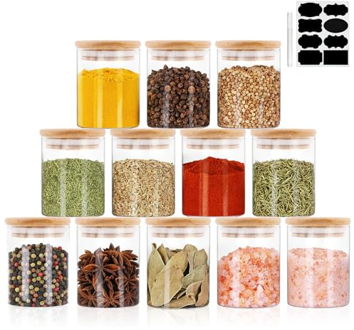 RWFMO 12Pcs 180ml Glass Spice Jars, Seasoning Jars with Bamboo Lid, Airtight Small Round Spice Jar, Empty Clear Glass Storage Containers for Salt Pepper Sugar Nuts Candy