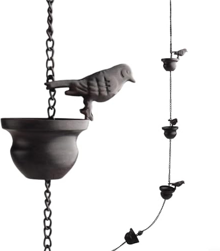 Yuanpgky Catena da pioggia in ferro mobile da 2,4 m con 8 uccelli in metallo per drenaggio grondaia e decorazione da giardino