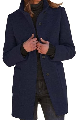 xxxiticat Damkappa av ullblandning enkel rad varm ståkrage långa blazerjackor trenchcoat med fickor S–3XL, Mörkblå, M
