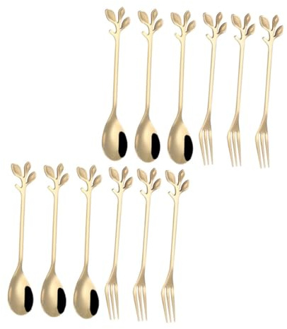 CONGARTENO 12 piezas Cucharas y Tenedores de Postre de Acero Inoxidable con Diseño de Dorada Utensilios para Mezclar y Servir Frutas para Cocina y Celebraciones Casa