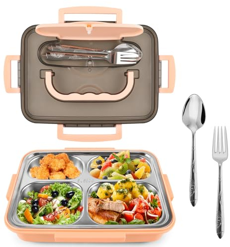 elzle Bento Box Brotdose mit Abnehmbar Edelstahl-Innenschale 1200ml | Lunchbox mit 4 Fächern, inkl. Edelstahl-Besteck, Brotdose für Kinder und Erwachsene für Schule, Büro, Unterwegs (Rosa)