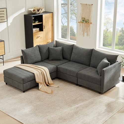 Modulares Ecksofa 5-Sitzer mit umwandelbarem Fußhocker – L-Form & U-Form, atmungsaktivem Baumwoll-Leinen Bezug, Taschenfederkern für Premium-Komfort, für großzügiges Wohnzimmer 220x194 cm (gray)
