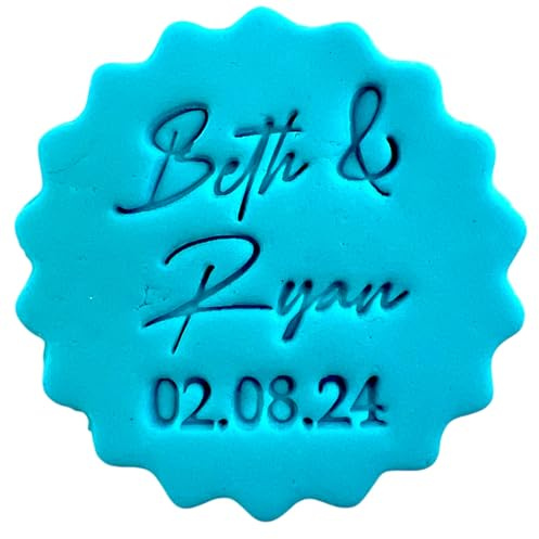 Personalised Cookie Stamp with Free Scallop Cutter, Wedding Couple Names 2, 5cm Acrylic Biscuit Embosser, Food-Safe Plastic Baking Tool, Fits M&S All Butter Biscuits (Design 8)