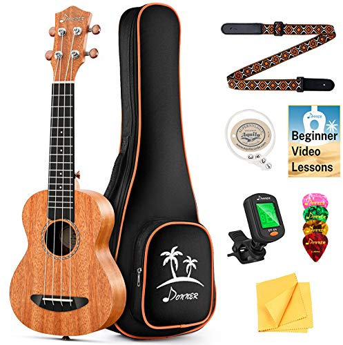 Donner Tenor-Ukulele, Mahagoni, professionelles 26-Zoll-Ukulelen-Starterpaket mit kostenlosem Online-Unterricht, Tragetasche, Gurt, Nylonsaiten, Stimmgerät, Plektren, Stoff, DUT-1 Ukalalee-Set