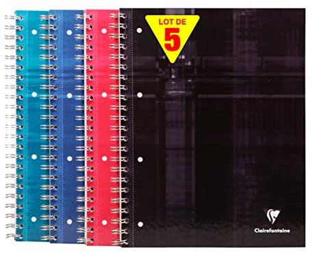 Clairefontaine 8211C - Packung mit 5 Heften Bind'O Block mit Spiralbindung DIN A4+ 22,5x29,7 cm, 80 Blatt, französische Lineatur, 90 g, farbig sortiert, 1 Pack