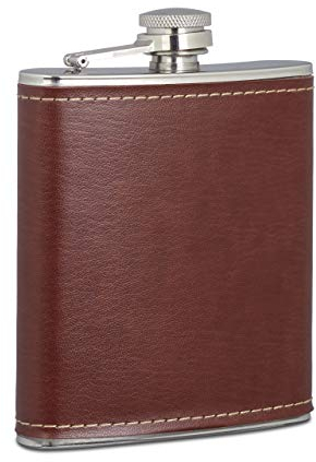 Relaxdays Fiaschetta 200ml, Borraccia Tascabile in Acciaio e Fodera in Pelle Finta, da Viaggio & Fuori Casa, Marrone, Inox, finta pelle, 1 pz