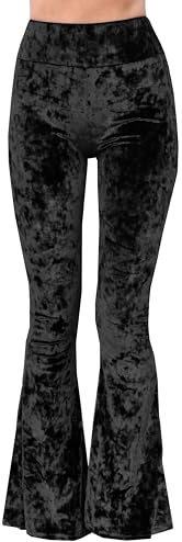 Daisy Del Sol Crushed Velvet High Waisted Comfy Soft Stretch 70s Yoga Loungewear Bell Bottom Flare Pants (Small, Black)
