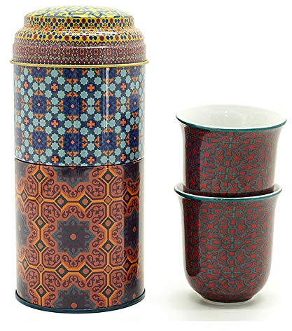 Images d'Orient Set de Cadeaux 2 en 1 Boîte en métal avec des Tasses à café Tasses à Espresso Tasses à Moka en Porcelaine 2 x 90 ML ornées de Motifs Multicolores orientaux Café Cuisine Vaiselle