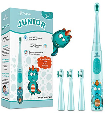Vekkia Sonic Rechargeable Kids Electric Toothbrush, 3 Modes with Memory, Fun & Easy Cleaning, 24000 Strokes, IPX7 Waterproof, 2-Min Timer for Age 5+, 4 Soft Bristles(Blue)