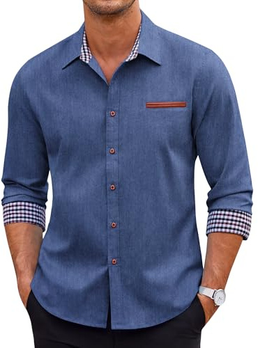 COOFANDY Mens Shirt Lightweight Chambray Button Front Relaxed Fit Denim Type 01 Light Blue X-Large Long Sleeve