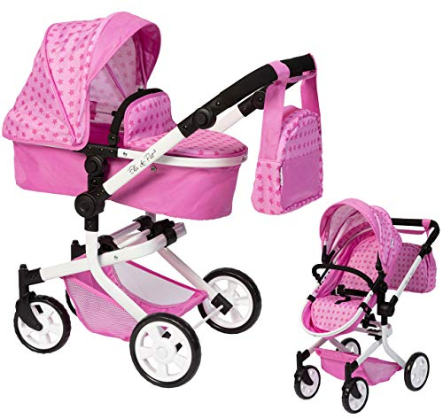 Ella & Piet® Puppenwagen MOOVE4 mit Wickeltasche 2in1 (Sternchen Pink)