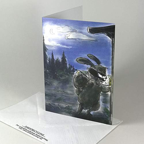 Kettcards 10 witzige Osterkarten: maskierter Osterhase bricht im Hühnerstall ein, Recyclingklappkarten A6 mit sandgrauen Recyclingumschlägen