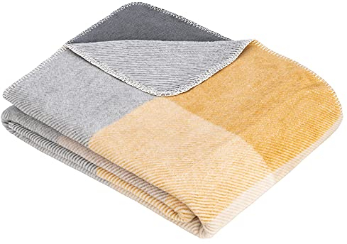 s.Oliver Karierte Kuscheldecke 150x200 cm - Karo Decke grau gelb, Sofadecke aus kuschelweicher und pflegeleichter Baumwollmischung