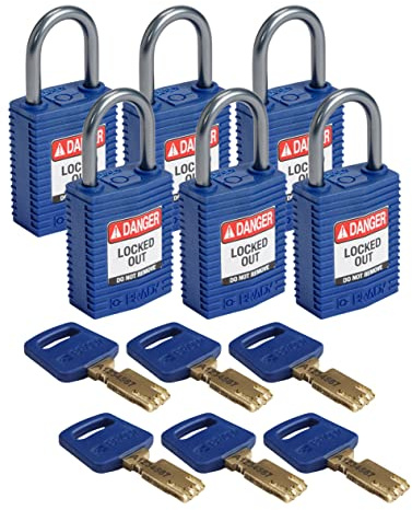Brady (CPT-BLU-25AL-KD6PK) Cadenas de condamnation SafeKey Compact Nylon avec anse en Aluminium 25.00 mm Bleu KD - Clé différente 6 Pièce(s)
