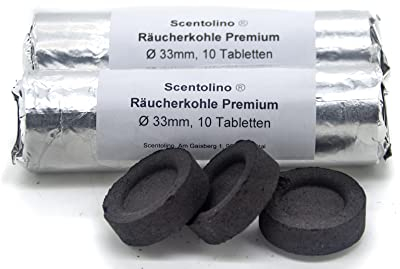 Scentolino Lot de 2 rouleaux de 10 pastilles de charbon d'encens 33 mm, allumage rapide, durée de combustion d'environ 45 minutes, pour encens et encens