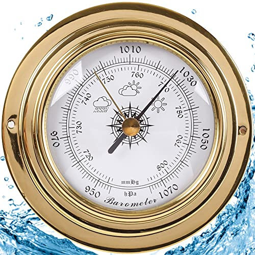 Barometer Termometer Hygrometer väderstation, mässingsväska 3,8 tum 98 mm klocka Tidvattenklocka Väderprognos Båttillbehör, inget batteri behövs, för kontor Trädgård inomhus utomhus(barometer)