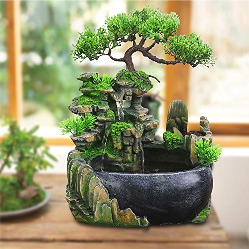 Lightakai Grüne Pflanze Brunnen Zimmerbrunnen Steingarten Tischbrunnen Harz Desktop Brunnen Innen Wasserfall Geschenk Dekoration für Zen Meditation Home Office (Kein Zerstäuber)