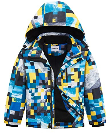 UMMTOM Wasserdichte Skijacke für Jungen, mit Fleece gefüttert, warm, Winterjacke mit Kapuze, Winterjacke für Kinder (blau kariert, Größe 11–12)