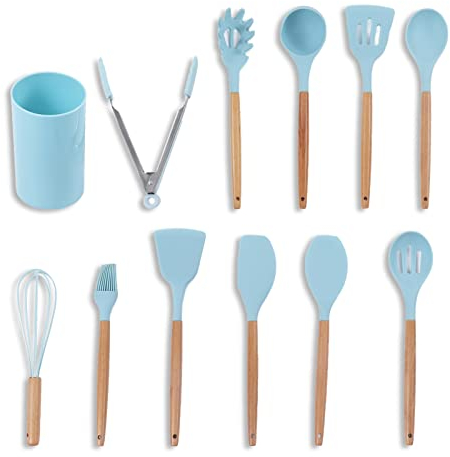 Set di utensili da cucina da 12 pezzi, set di utensili da cucina in silicone da cucina antiaderenti azzurri con manico in legno da cucina in silicone