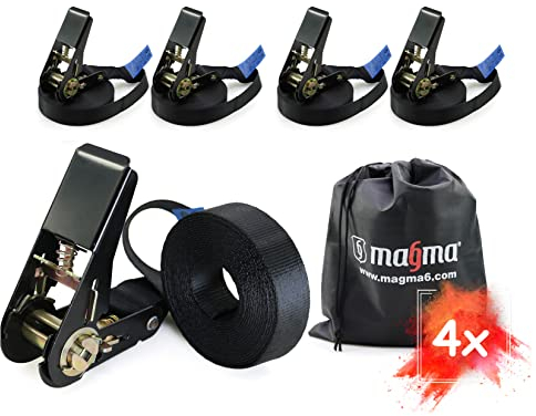 MAGMA 4 Correas de Trinquete 3,5m, 800Kgf/unit. Cinchos, Cinchas de Amarre, Eslingas con Carraca, Remolque Baca Kayak Tabla de Surf Piraguas Canoa Bicicleta Moto, Longitud Ajustable. Negro