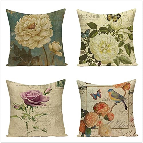 Tinnoon Kissenbezug 40x40cm 4er SetBoho Wohnzimmer Outdoor Deko, Schlafzimmer Zimmer Dekor Kissenhülle Kissenbezüge mit Verstecktem Reißverschluss, Couchkissen, Weinachten Blumen-Schmetterlings-Vogel