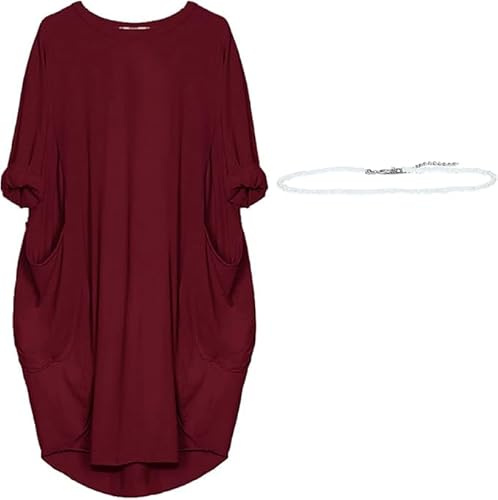 aromm Dam T-shirt klänning rund hals lös enkel vardaglig plusstorlek midiklänning, Wine Red, 5XL
