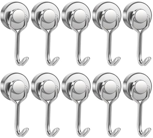 OCEUMAOA Magnethaken Extra Stark 15kg Neodym Magnete mit Haken 20mm Drehhaken Stanzfrei für Eisentüren Kühlschränke Küchen Kleiderablage Büro Magnet Haken Groß Silber 10 Stück