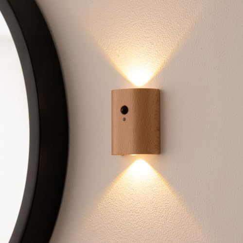 Auraglow Rechargeable Wooden Wall Light Beech, Motion Sensor, 1 Pack | USB C PIR night lamp, cordless magnetic mount, auto glow for hallway, stairway, porch and bedroom
