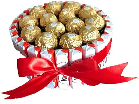 Tartas Kinder: Cesta de chocolate perfecta para regalar en Navidad, San Valentín y cumpleaños con Kinder Bueno, Schoko Bons, Ferrero y flores preservadas (Circular medium Ferrero)