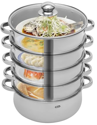 5 Lagiger Dampfgare, Multifunktionale Edelstahl Dampfkocher Kochtopf Set, mit Glasabdeckung 28cm Edelstahldampfer, silbrig dampfgarer topffür alle Herdarten wie Induktion, Elektrokeramik