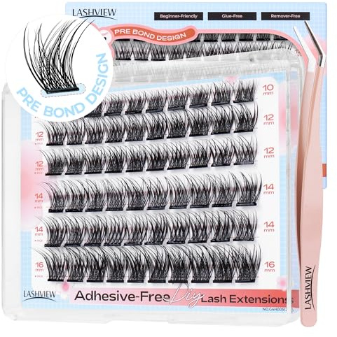 LASHVIEW Selbstklebende Wimpern, D Curl Press On Wimpern Set Vorgeklebte Wimpern Mit Applikator, Kein Kleber Kein Entferner Benötigt DIY Wimpernverlängerung Set 10-16mm (N01 60Pcs)