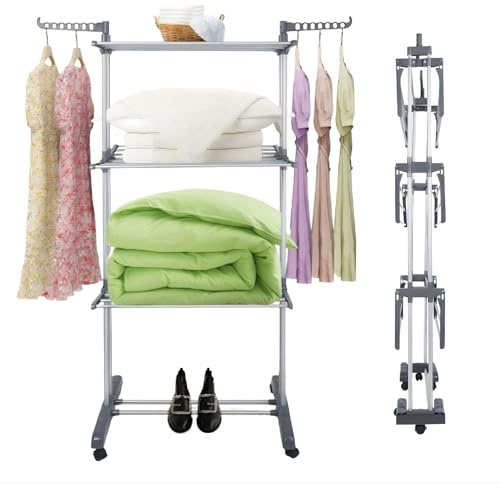 Mul – Tendedero de ropa plegable, alas ajustables, secador móvil de 3 niveles, secadora de ropa plegable, para interior y exterior, gran capacidad, tamaño 75 x 49 x 170 cm, con ruedas