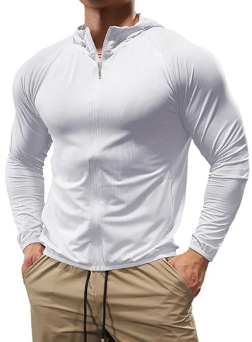 Hombres Deporte Sudadera con Capucha Cremallera Completa Chaqueta Ligera Fitness Manga Larga Camisetas para Correr Tops Blanco L