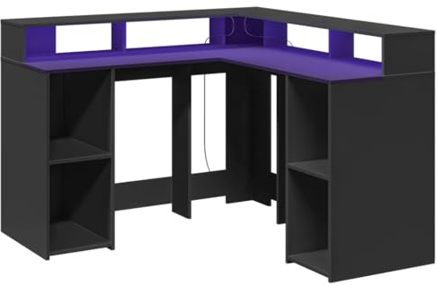 vidaXL LED Schreibtisch, Computertisch mit Stauraum, Arbeitstisch Laptoptisch L-Form, Eckschreibtisch Gaming Tisch PC Tisch, Schwarz Holzwerkstoff
