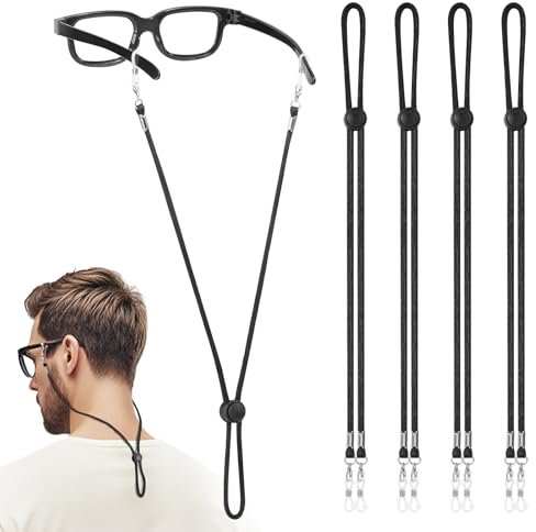MoKo Glasses Strap 4 Pcs, Adjustable Sunglasses Strap for Men and Women, Flexible Silicon Eyeglasses Strap for Sports, Reusable Glasses Retainer for Fitness, Fishing, Running, Cycling, Black