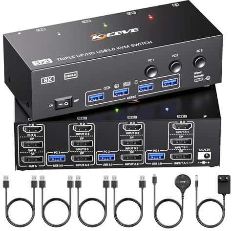KVM Switch 3 PC 3 Moniteurs 8K@60Hz 4K@144Hz,HDMI Displayport Commutateurs KVM 3 PC 3 Ecran pour 3 Ordinateurs Partagés 3 Monitor et 4 Ports USB3.0, télécommande filaire et USB 3.0 câbles Inclus