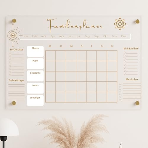 EmiliaLotte Personalisierter Familienplaner aus hochwertigem Acryl I Abwischbarer Wand Kalender für die ganze Familie I Wiederverwendbarer Monatsplaner mit Einkaufsliste, Menüplan & Mehr - Esoterik